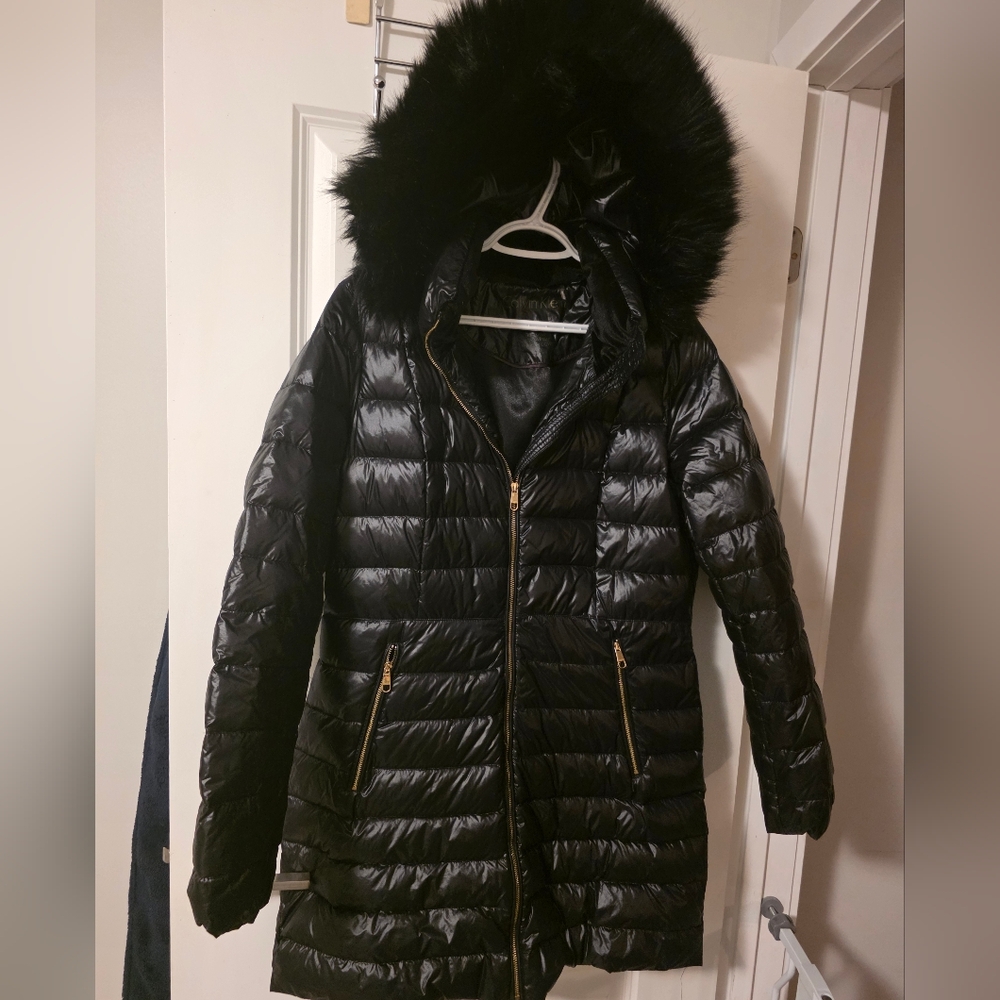 Calvin Klein Black Puffer Jacket with Faux Fur Hood